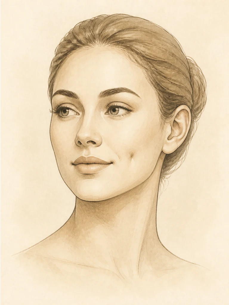 Female illustrative portrait showing a soft cheek dimple after dimpleplasty