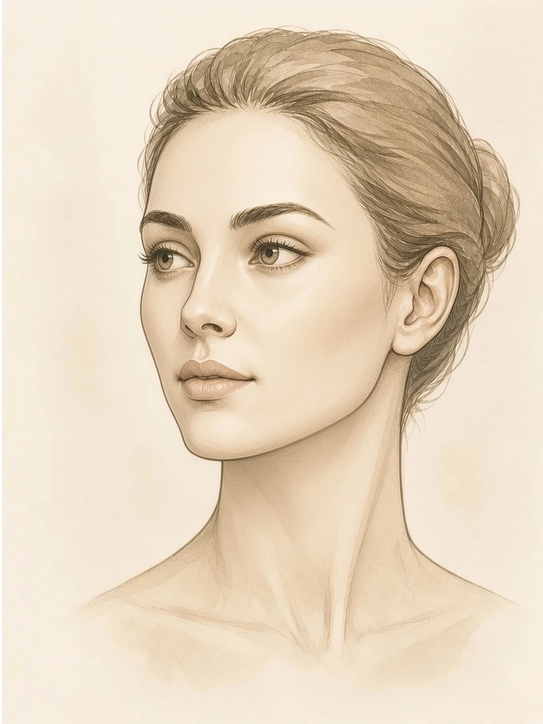 Female illustrative portrait showing conservatively restored temple, tear-trough and cheek volume after facial fat transfer