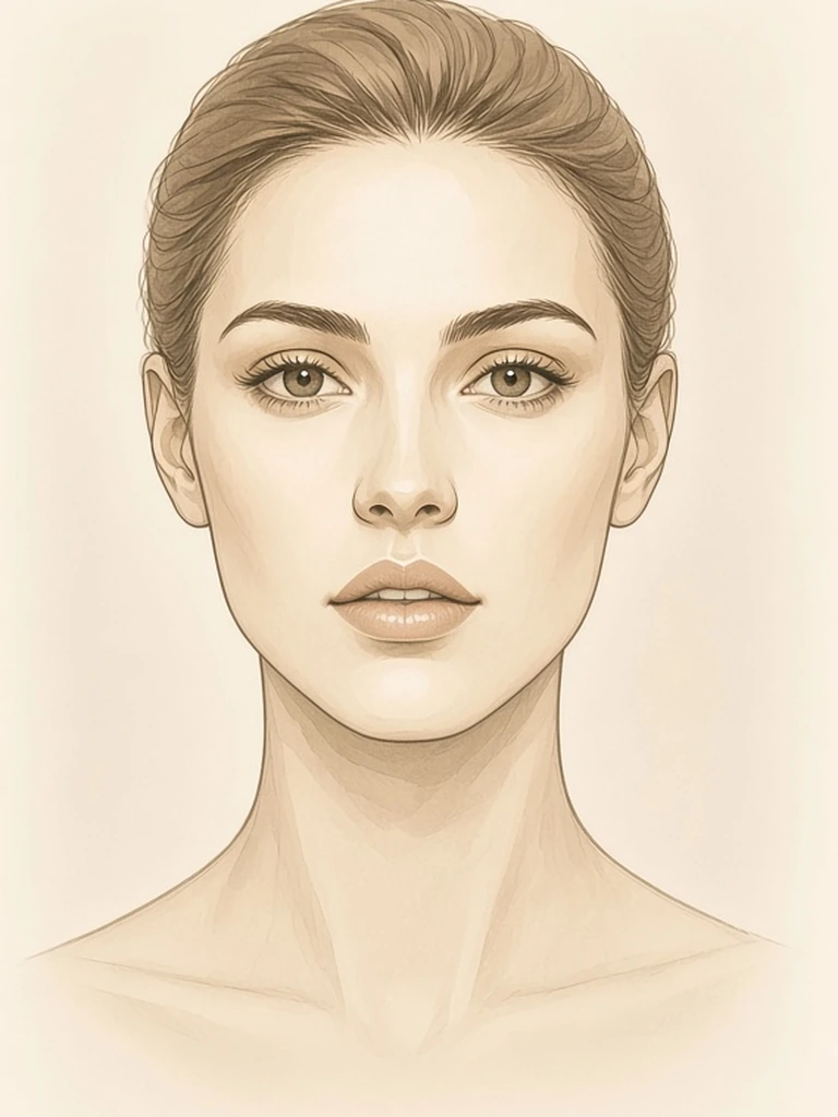 Female illustrative frontal portrait showing a shorter philtrum and subtle upper-lip show after lip lift